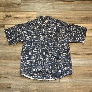 Woolrich Button Up Shirt LARGE Fisherman Tackle Fish All Over Print AOP USA Made